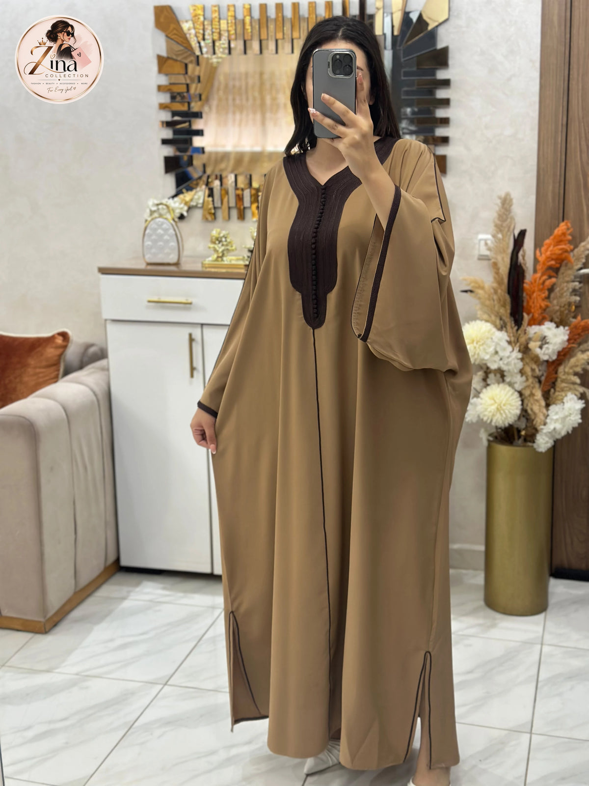 Kaftan en Crêpe Rosa avec sfifa et aakad — beige & marron — vue ensemble