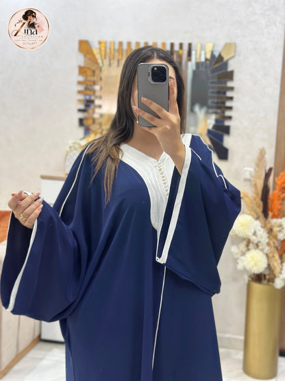 Kaftan en Crêpe Rosa avec sfifa et aakad — bleu marine & blanc — detail 2