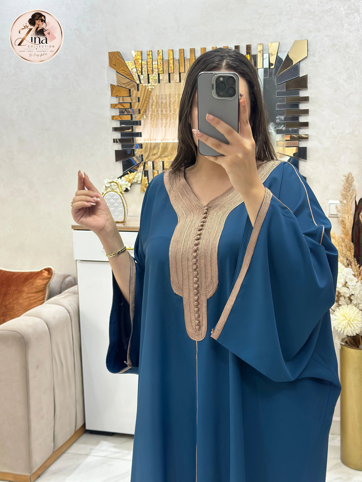 Kaftan en Crêpe Rosa avec sfifa et aakad — bleu pétrole & taupe — detail 1