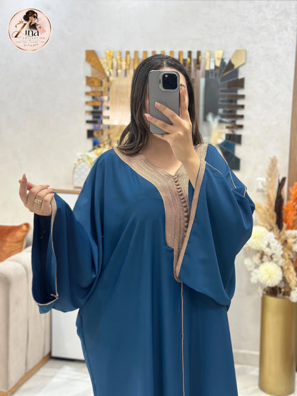 Kaftan en Crêpe Rosa avec sfifa et aakad — bleu pétrole & taupe — detail 2