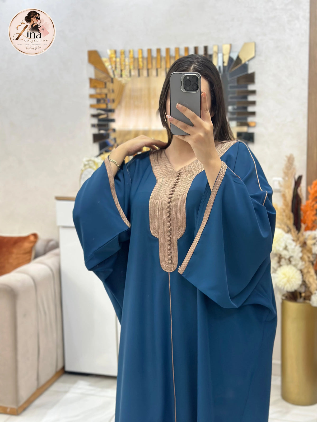Kaftan en Crêpe Rosa avec sfifa et aakad — bleu pétrole & taupe — detail 3
